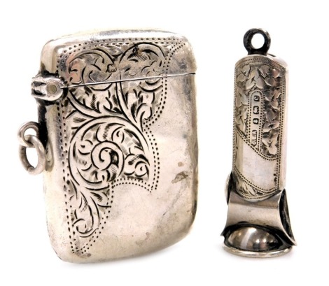 A George V silver vesta case, with engraved foliate decoration, Chester 1924, 0.53oz, together with an Edward VII silver cigar cutter, with foliate engraving, vacant banner reserve, Birmingham 1902, 0.39oz all in. (2)