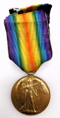 Two brass gavels, a wooden gavel, WWI Victory Medal named to Gnr. J. Glascoe, Royal Artillery, 270455, a pill box of oval form, the hinged lid with millefiori decoration, and South American white metal container. (qty) - 2