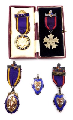 Four Independent Order of Oddfellows silver and enamel jewels, Manchester Unity, one cased, together with an MUOF brass and enamel jewel. (5)