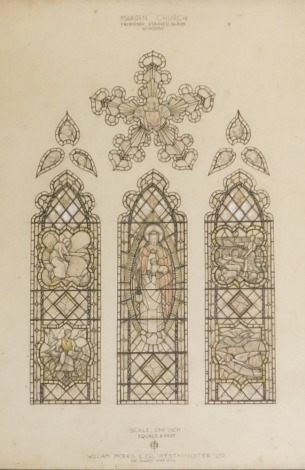 An early 20thC William Morris & Company Westminster Ltd design, for Marden Church proposed stained glass window, ink water and body colour, ref number 6597, June 1934, 36.5cm x 25.5cm.