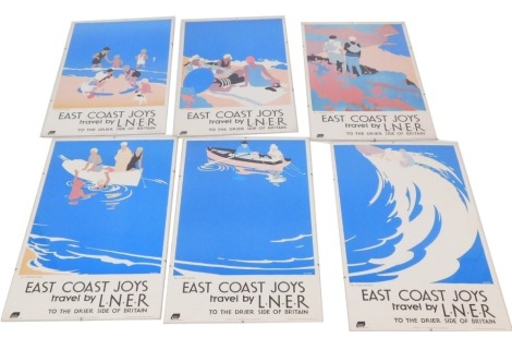 Six National Railway Museum LNER posters, after Tom Purvis, comprising Walking Tours, Sunbathing, Safe Sands, Sea Bathing, Sea Fishing, and Sea Sports, 63.5cm x 40.5cm.