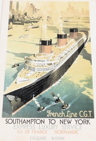 A French Line C.G.T. poster, Southampton to New York, Express Luxury Service, "Ile de France" and "Normandie", enquire within, limited edition reproduction print, 99cm x 69cm.