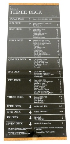 A QEII Three Deck directional sign, showing points of interest, from stairway A on three deck down to seven deck, 117cm x 45cm.