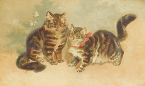 British School (19thC). Pair of cats and butterflies, oil on canvas, monogrammed H C, 24cm x 39.5cm.