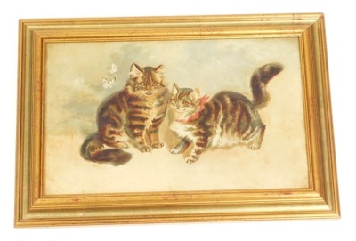 British School (19thC). Pair of cats and butterflies, oil on canvas, monogrammed H C, 24cm x 39.5cm. - 2