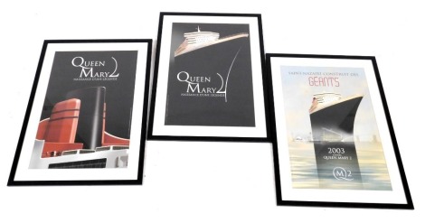 Three Alstom Marine Queen Mary II prints, Naissance D'Une Legende and 2003 L'Annee Queen Mary II (2), Saint-Nazaire Construit des Geants, 59.5cm x 38.5cm.