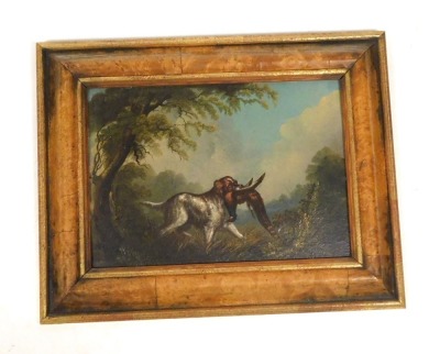 English School (19thC). Landscape with hunting dog and pheasant, oil on board, 22.5cm x 32.5cm. - 2