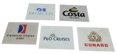 Five cruise line glass plaques, comprising Princess, Carnival Cruise Line, Costa Cruises, P&O Cruises, and Cunard, 40.5cm x 50.5cm.