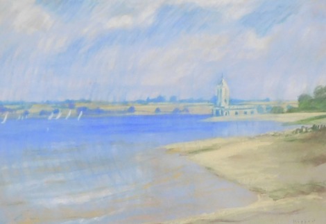 David Hopper (British). Normanton church on Rutland Water, pastel, signed, 52.5cm x 72.5cm.