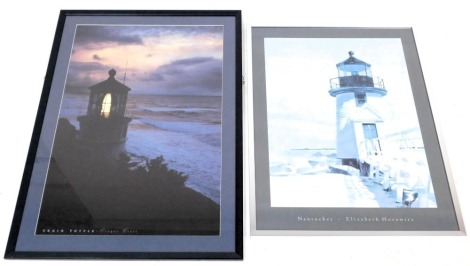 An Elizabeth Horowitz Nantucket lighthouse print, 87cm x 68cm, and a Craig Tuttle Oregan coast lighthouse print, 89cm x 59cm. (2)