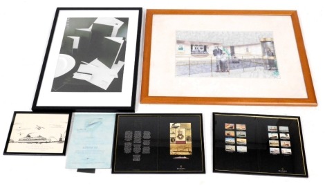 A Cunard Queen Elizabeth II menu, framed and glazed, 28.5cm x 41cm, a Rhodes W1 poster, 53cm x 37cm, ShipPax Award limited edition print by J Fred Rodriguez Jn, of RMS Horizon, signed by the artist, and a deck vision watercolour, 58cm x 82cm. (6)