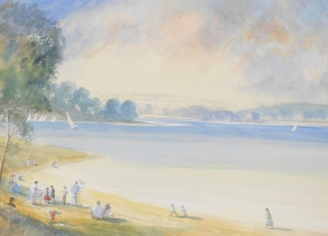 David Hopper (British). Rutland Water with sailing boats and artists painting the scene, watercolour, 52.5cm x 72.5cm.