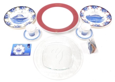 A group of cruise ship ceramic and glass memorabilia, comprising an Arcadian Rhodes glass dish, 30cm wide, Polo Grill plate, two Holland-America Line plates, MS Koningsdan Inaugural Season 2016, and Niew Statendam 2018, and two Wedgwood coffee cups and sa