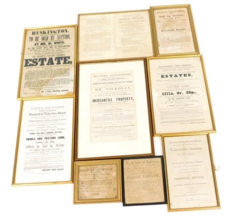 Nine Georgian and later estate sale auction advertising posters, for Lincolnshire properties as Ruskington, Duston, Sleaford, Ropsley and estates in Nottinghamshire.