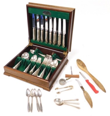 An Elkington silver plated canteen of cutlery, eight place settings, cased, together with additional flatware and serving implements.