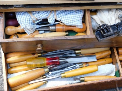 A carpenter's pine tool chest, the hinged front opening to reveal two drawers, enclosing tools, 87cm wide, and a pair of Record 120-10 heavy duty clamps. (3) - 2