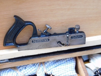 A carpenter's pine tool chest, the hinged front opening to reveal two drawers, enclosing tools, 87cm wide, and a pair of Record 120-10 heavy duty clamps. (3) - 3