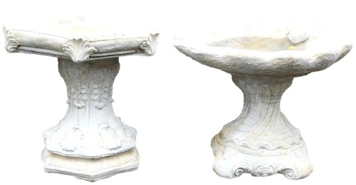 A concrete birdbath, of hexagonal form, raised on an out swept stem with foliate decoration, 41cm wide, and a further bath, modelled as a scallop shell, 51cm wide. (2)