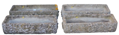 Four rectangular concrete planters, with floral moulding, 77cm wide.