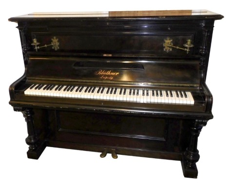 A late 19thC ebonised Bleuthner upright piano, iron framed, serial number 43759, 146cm wide. Sold subject to the Ivory Act