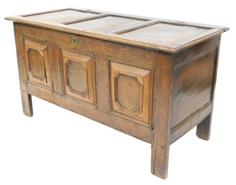 An 18thC oak coffer, with a triple panelled lid over a panelled front, on stiles, 69cm high, 124cm wide, 55cm.