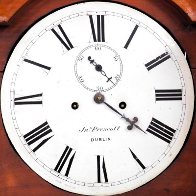 A 19thC Irish mahogany longcase clock, with arched door and plain base with plinth, the 30cm circular painted dial having Roman numerals, seconds ring and marked Jno. Prescott DUBLIN, eight day movement striking a bell, 200cm high. - 2