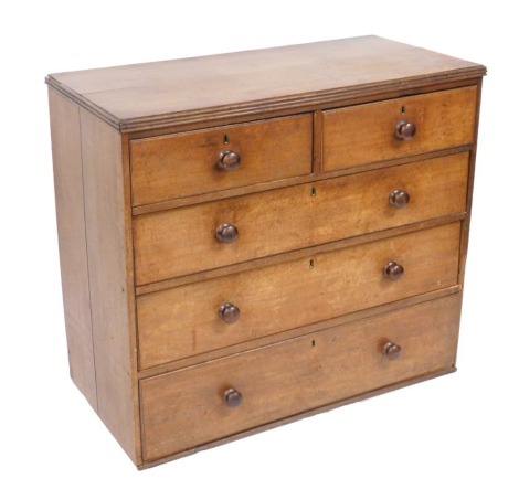 A George III oak chest, of two short over three long drawers, 91cm high, 102cm wide, 49cm deep.