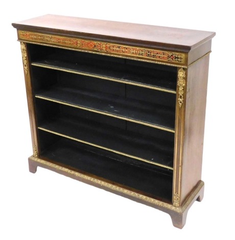 A Victorian mahogany and boulle work open bookcase, with brass mounts, of three shelves, raised on bracket feet, 110cm high, 122cm wide, 34.5cm deep.