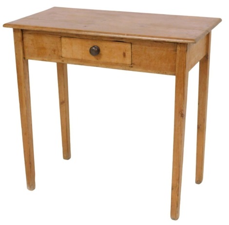 A Victorian pine side table, with a single frieze drawer, raised on tapering square legs, 78cm high, 82cm wide, 43cm deep.