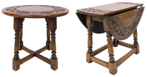 A circular oak occasional table, with a band of scroll carving, raised on turned legs united by an X stretcher, 45cm high, 50cm wide, together with a Sutherland table, raised on turned legs united by a box stretcher, 45cm high, 54cm wide, 28cm deep, 67cm 