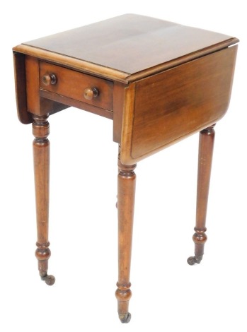 A late Georgian mahogany Pembroke table, with single frieze drawer, raised on turned legs, 71cm high, 37.5cm wide, 75.5cm extended, 46cm deep.