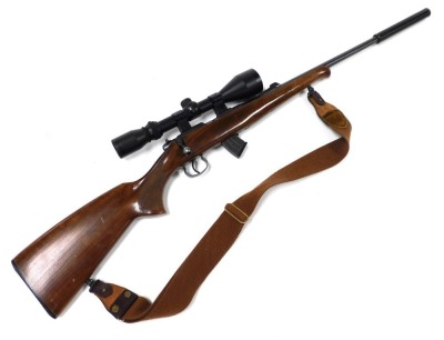 By Tender. A Czech CZ452-2E ZKM .22 rifle, serial number 537079, with a silencer, and a Tasco Golden Antler gun scope, barrel 72.5cm long, with bag. NB. A current valid Firearms Certificate is required to view or purchase this lot. Tender bids must be su - 2