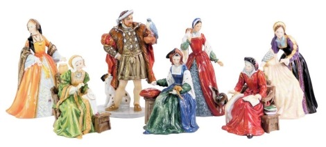 A Royal Doulton porcelain Henry VIII and His Six Wives set, comprising Henry VIII HN3350, limited edition No 40/1991, Catherine of Aragon HN3233, limited edition No 977/9500, Anne Boleyn HN3232, limited edition No 977/9500, Jane Seymour HN3349, limited ed