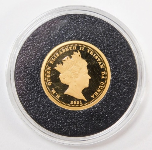 A gold proof St George and the Dragon full gold sovereign, dated 2021, in Harrington & Byrne case, 8.0g.