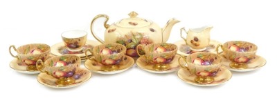 An Aynsley porcelain Orchard Gold pattern part tea service, comprising teapot, six teacups and saucers, milk jug, sugar bowl and six sandwich plates.