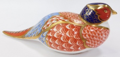 Three Royal Crown Derby porcelain paperweights, comprising a pheasant, 7cm high, a seated cat, 13cm high, and a snail, 7.5cm high, no stoppers. - 2