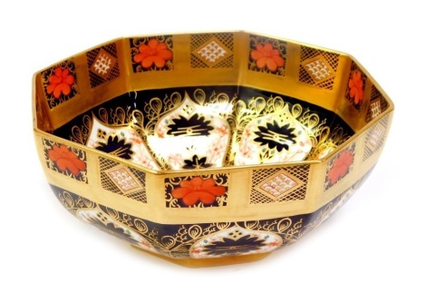 A Royal Crown Derby porcelain bowl decorated in the Old Imari pattern, of octagonal form, gold ground, red printed marks, 19cm wide.