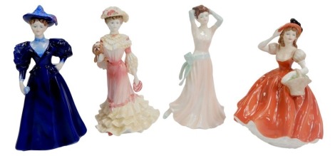 Four Coalport porcelain figures, comprising Ladies of Fashion Flora, Golden Age Georgina, limited edition number 5860/12500, Ladies of Fashion High Society, and Rebecca.