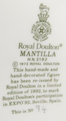 A Royal Doulton porcelain figure modelled as Mantilla, HN3192, limited edition number 94, with certificate. - 4