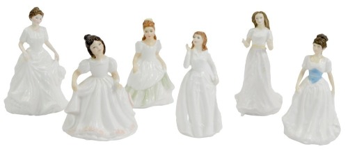 Six Royal Doulton porcelain figures, modelled Amanda HN3635, Harmony HN4096, Kerry HN3036, Melody HN4117, Sentiments Greetings HN4250, and Joy HN3875.