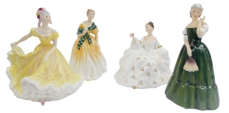 Four Royal Doulton porcelain figures, comprising Joan HN3217, Gillian HN3042, My Love HN2339, and Ninette HN2379. (1 AF)