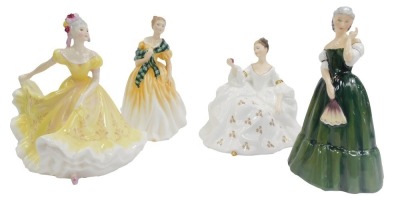 Four Royal Doulton porcelain figures, comprising Joan HN3217, Gillian HN3042, My Love HN2339, and Ninette HN2379. (1 AF)