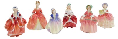 Six Royal Doulton porcelain figures, modelled as Debbie HN2400, Dinky Do HN1678, Bo Peep HN1811, Cissie HN1809, Peggy HN2038, and Goody Two Shoes HN2037.