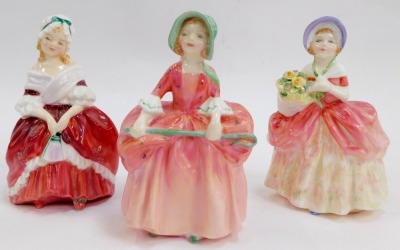 Six Royal Doulton porcelain figures, modelled as Debbie HN2400, Dinky Do HN1678, Bo Peep HN1811, Cissie HN1809, Peggy HN2038, and Goody Two Shoes HN2037. - 2