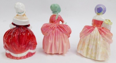 Six Royal Doulton porcelain figures, modelled as Debbie HN2400, Dinky Do HN1678, Bo Peep HN1811, Cissie HN1809, Peggy HN2038, and Goody Two Shoes HN2037. - 3