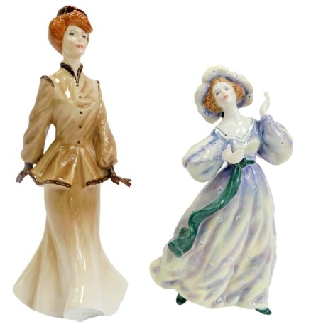 A Royal Doulton porcelain figure, modelled as Katherine Cookson's Kate Hannigan, HN3088, together with Grand Manner HN2723, dated to underside 24th June 1983 and indistinctly signed. (2)