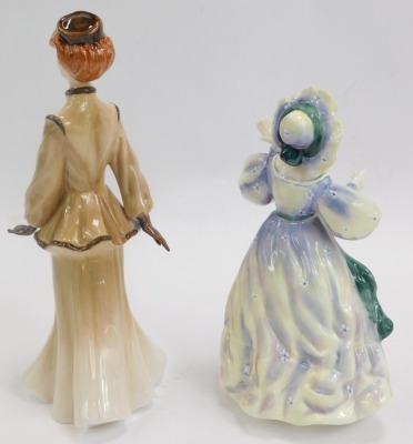 A Royal Doulton porcelain figure, modelled as Katherine Cookson's Kate Hannigan, HN3088, together with Grand Manner HN2723, dated to underside 24th June 1983 and indistinctly signed. (2) - 2