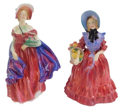 Two Royal Doulton porcelain figures, modelled as Lady Betty HN1967, 16cm high, and Lady April HN1958.