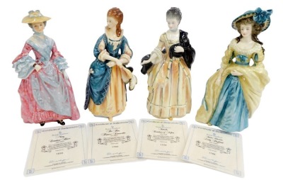 Four Royal Doulton porcelain figures, modelled as The Honourable Francis Duncomb HN3009, limited edition number 1704/5000, Sophia Charlotte Lady Sheffield HN3008, limited edition number 1786/5000 (AF), Isabella Countess of Sefton HN3010, limited edition n