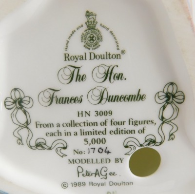 Four Royal Doulton porcelain figures, modelled as The Honourable Francis Duncomb HN3009, limited edition number 1704/5000, Sophia Charlotte Lady Sheffield HN3008, limited edition number 1786/5000 (AF), Isabella Countess of Sefton HN3010, limited edition n - 7